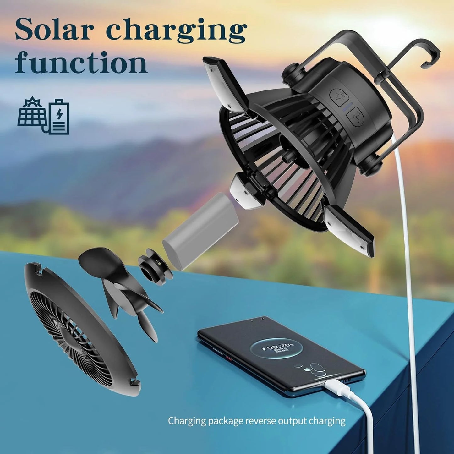 Camping Fan with LED Lantern - 4000Mah Solar Tent Fans with Hanging Hook, Rechargeable USB Desk Fan for Home, Office, Tent, Car, Emergency Outages
