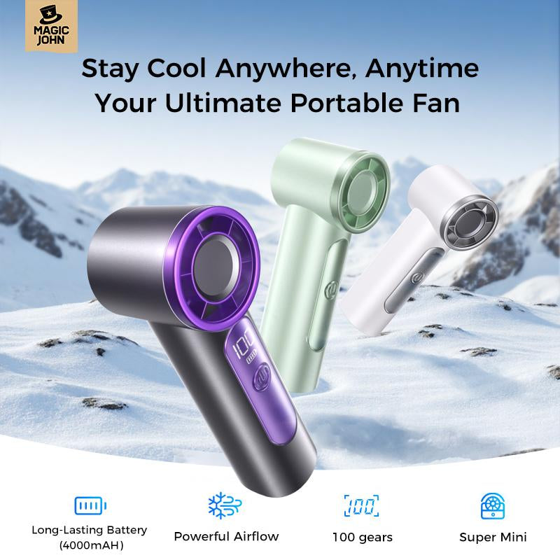 MAGIC JOHN Mini Handheld Fan with LED Display - High-Performance, USB Rechargeable, Sleek and Ultra-Portable Personal Fan for Travel, Office, and Home Use