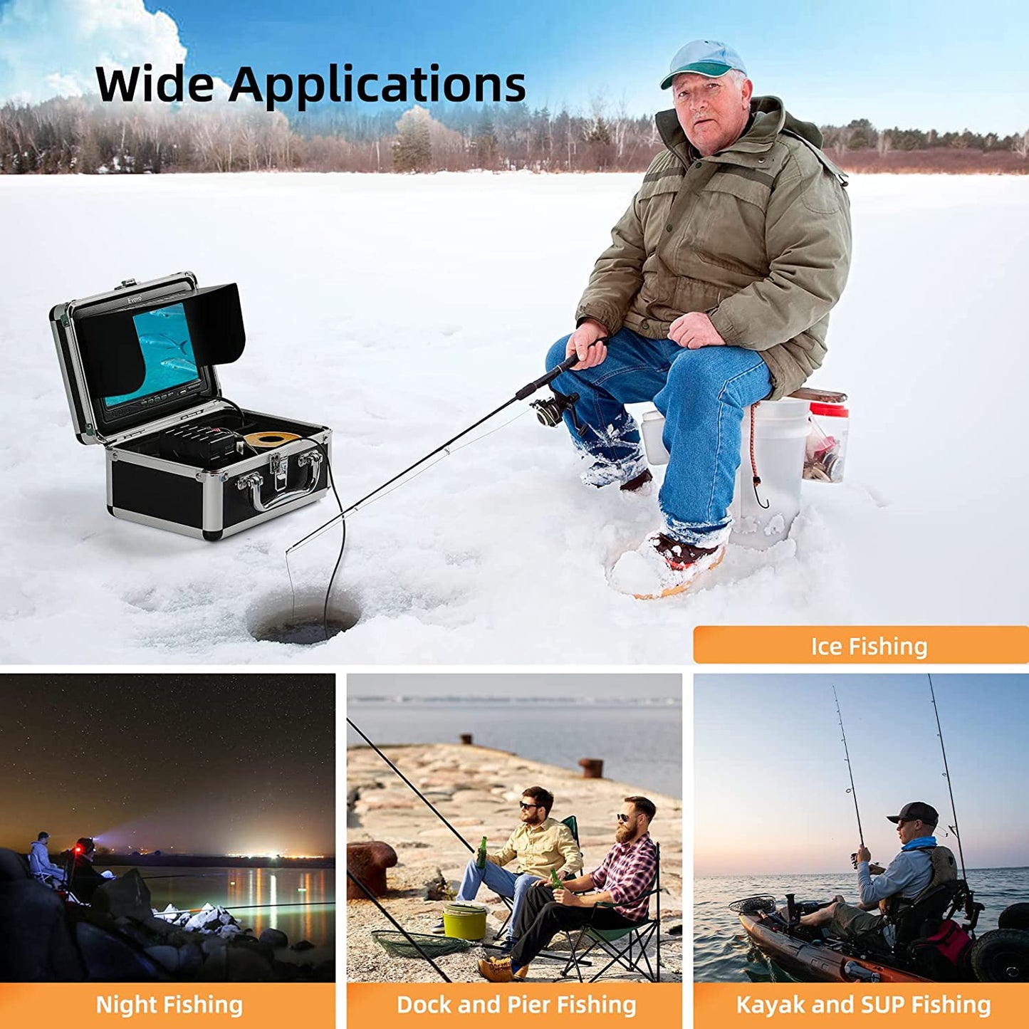 Underwater Fishing Camera 7 Inch LCD Monitor Fish Finder Waterproof 1000TVL Fishing Camera 12Pcs Infrared Lights for Lake, Boat, Ice Fishing