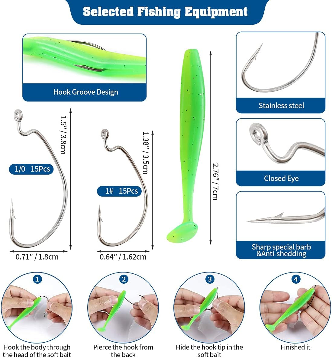 190Pcs Fishing Accessories Kit Including Brass Bullet Sinker Weights Jig Hooks Paddle Tail Baits, Fishing Swivels Snaps, 2-Side Tackle Box Fishing Set for Trout Salmon Bass Freshwater Saltwater