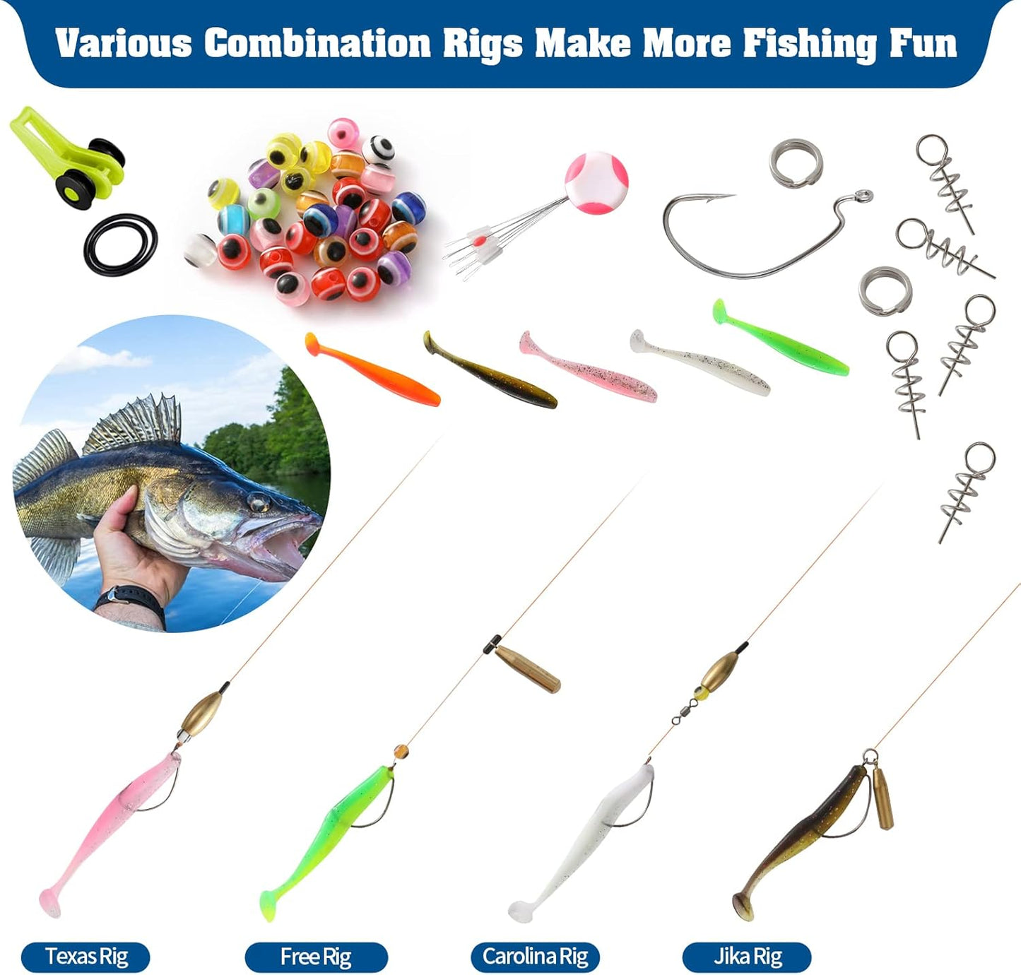 190Pcs Fishing Accessories Kit Including Brass Bullet Sinker Weights Jig Hooks Paddle Tail Baits, Fishing Swivels Snaps, 2-Side Tackle Box Fishing Set for Trout Salmon Bass Freshwater Saltwater