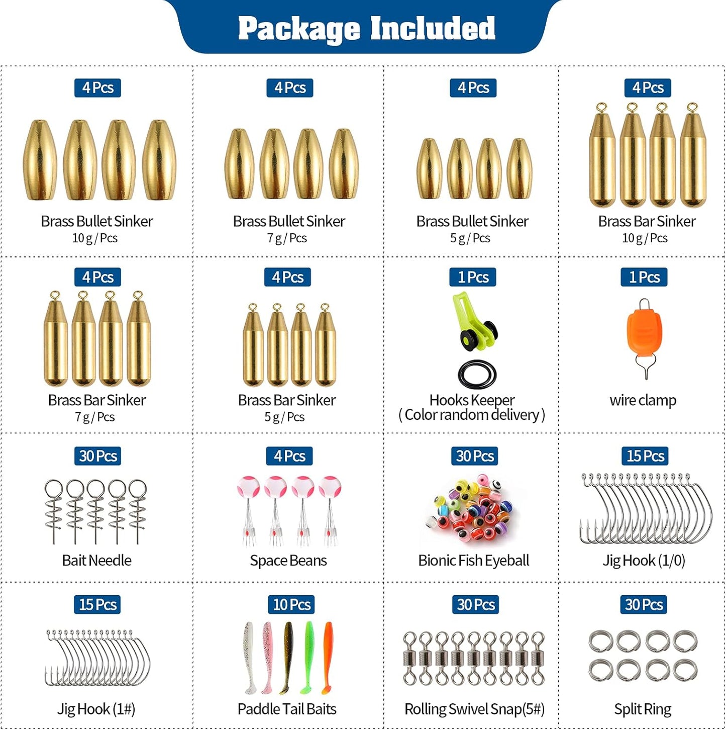190Pcs Fishing Accessories Kit Including Brass Bullet Sinker Weights Jig Hooks Paddle Tail Baits, Fishing Swivels Snaps, 2-Side Tackle Box Fishing Set for Trout Salmon Bass Freshwater Saltwater