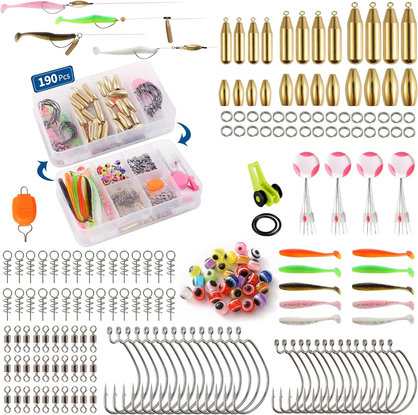 190Pcs Fishing Accessories Kit Including Brass Bullet Sinker Weights Jig Hooks Paddle Tail Baits, Fishing Swivels Snaps, 2-Side Tackle Box Fishing Set for Trout Salmon Bass Freshwater Saltwater