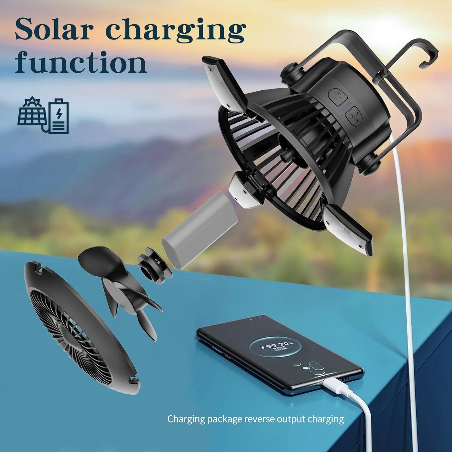 Camping Fan with LED Lantern - 4000Mah Solar Tent Fans with Hanging Hook, Rechargeable USB Desk Fan for Home, Office, Tent, Car, Emergency Outages