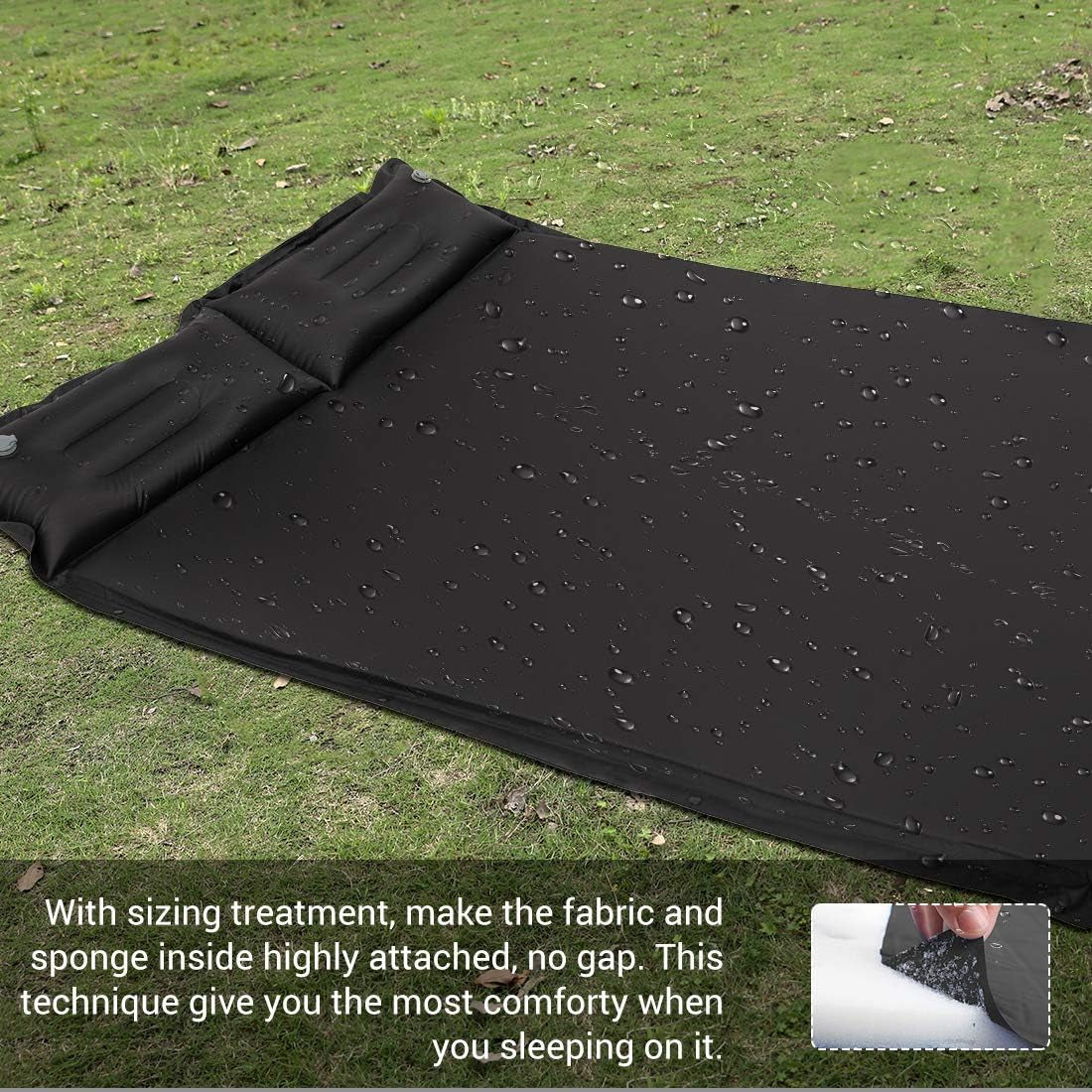 Self-Inflating Double Camping Sleeping Pad with Pillows - 2-Person Backpacking Mattress in Black