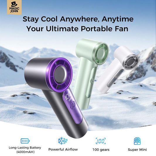 MAGIC JOHN Mini Handheld Fan with LED Display - High-Performance, USB Rechargeable, Sleek and Ultra-Portable Personal Fan for Travel, Office, and Home Use