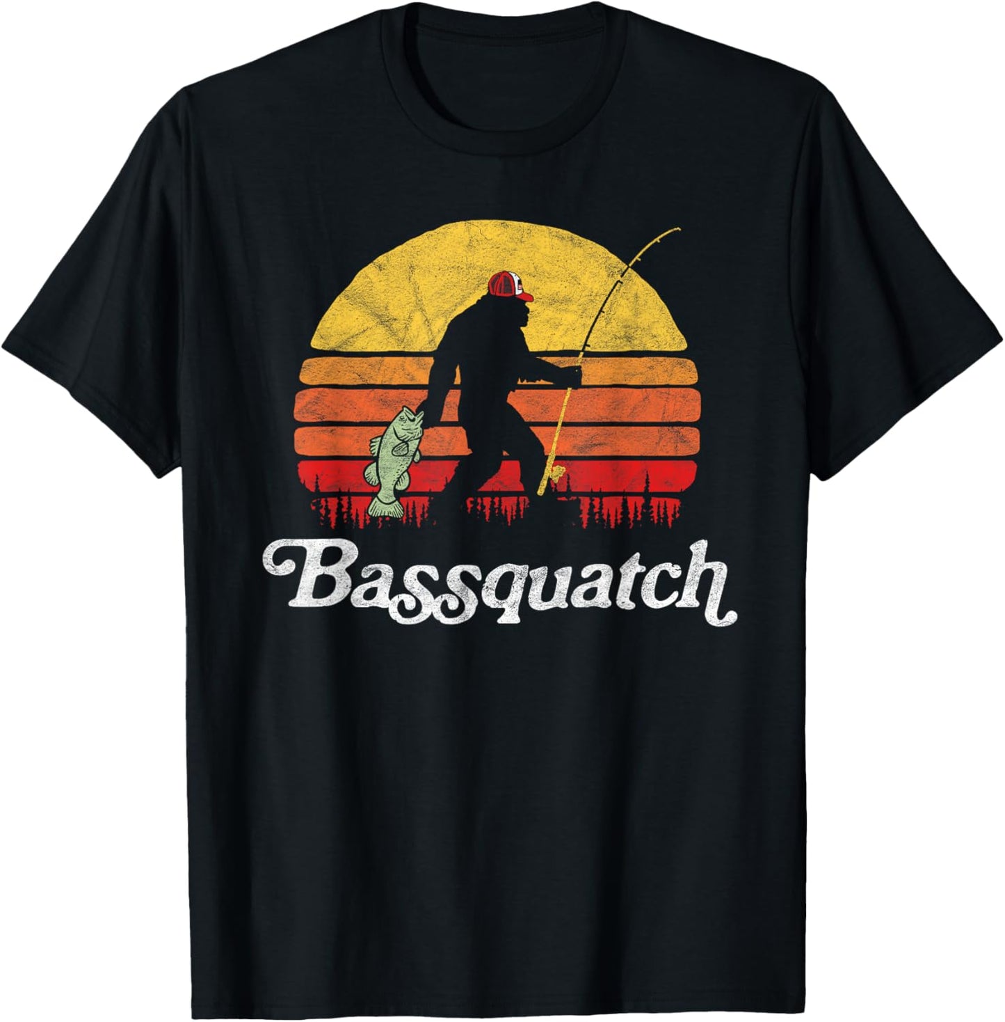 Bassquatch! Funny Bigfoot Fishing Unisex Adults Kids Retro T-Shirt Black Medium