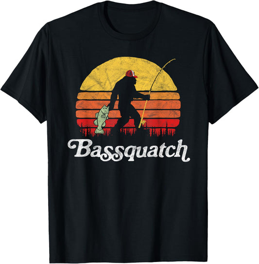 Bassquatch! Funny Bigfoot Fishing Unisex Adults Kids Retro T-Shirt Black Medium