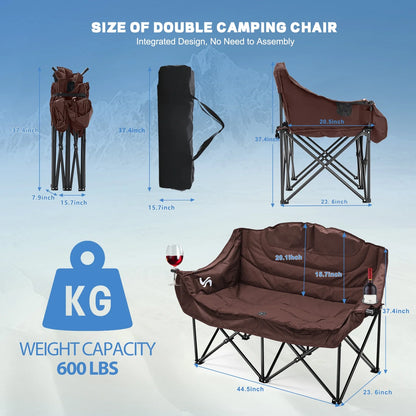 Oversized Thicken Double Camping Chair - 2 Person Camping Chair for Adults Heavy Duty,Two Person Folding Chair with Cup Holder, Supports up to 600 LBS for outside Picnic Beach Travel