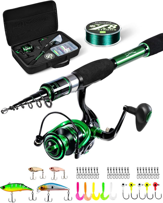 Fishing Rod and Reel Combo Graphite Telescoping Fishing Pole Collapsible Portable Travel Kit with Carrier Bag for Freshwater Fishing Gift for Men Women