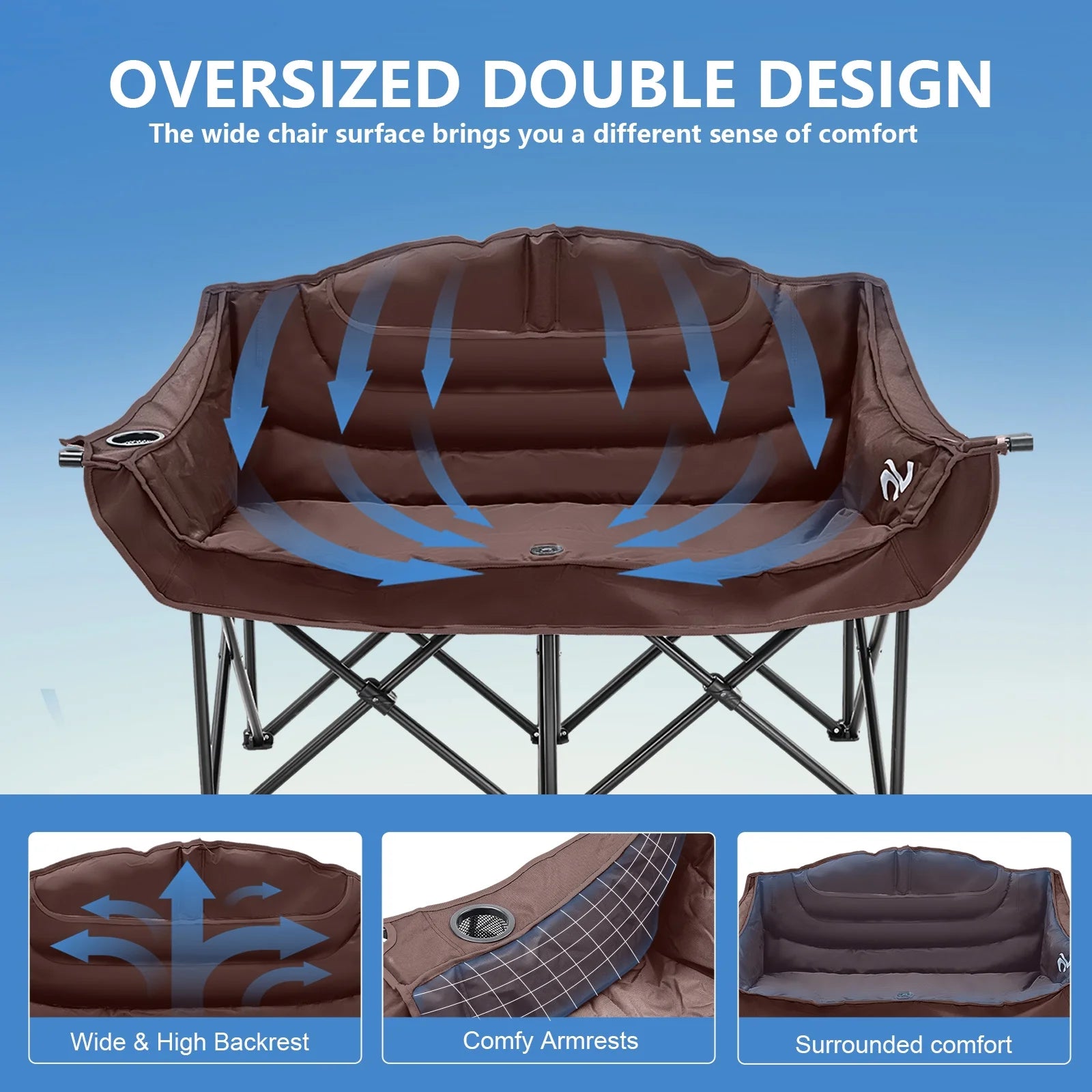 Oversized Thicken Double Camping Chair - 2 Person Camping Chair for Adults Heavy Duty,Two Person Folding Chair with Cup Holder, Supports up to 600 LBS for outside Picnic Beach Travel