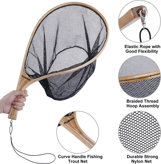 Fly Fishing Net, Wooden Frame Fishing Landing Net with Magnetic Release, Soft Rubber Mesh Net for Trout Bass Catch and Release, Magnetic Fly Fishing Gear
