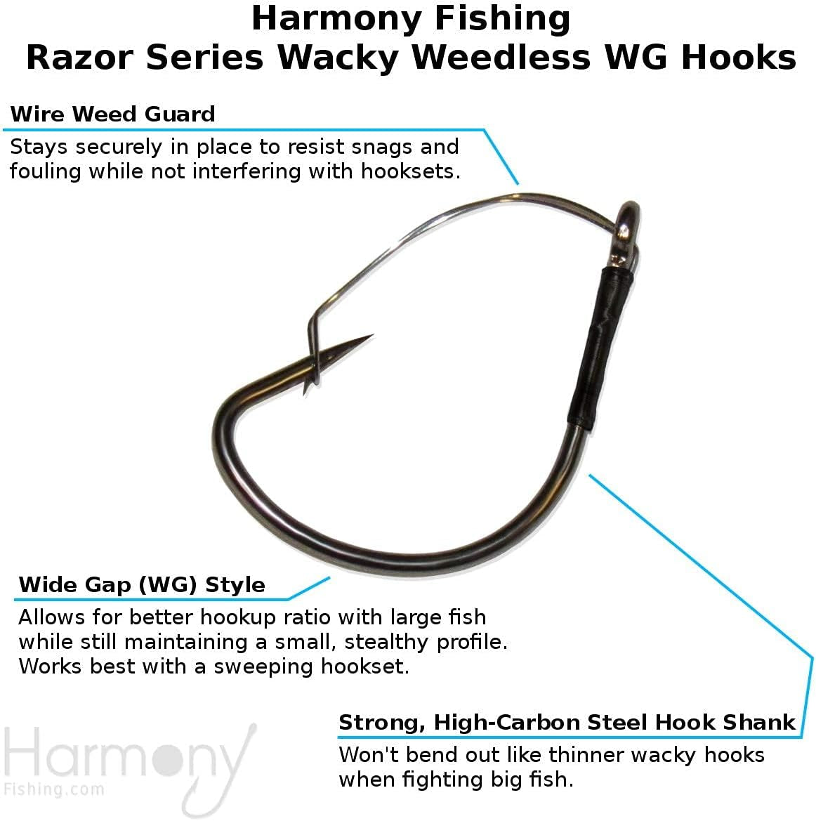Harmony Fishing - Razor Series Wacky Weedless WG Hooks - the Ultimate Bass Fishing Hooks for the Wacky Rig & Neko Rig