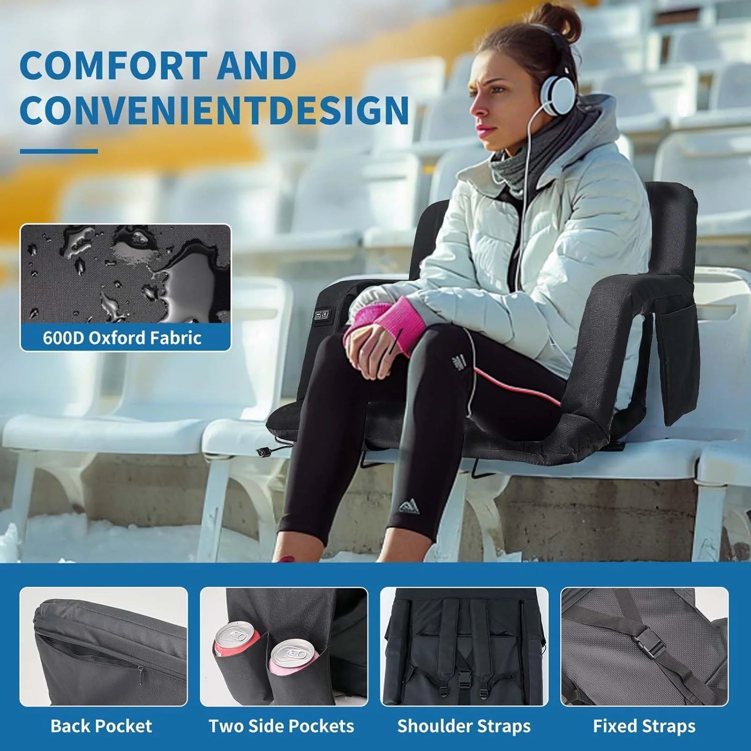 Double Heated Stadium Seat Bleacher Seat with 20000Mah Power Bank, 3 Heat Modes, Portable 6 Reclinng Positions Bleacher Seats with Back & Arm Support for Sports Events
