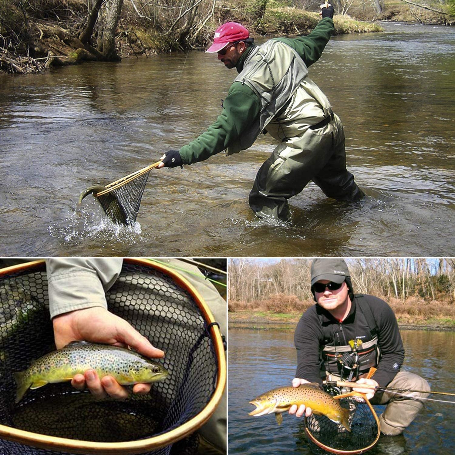Fly Fishing Net, Wooden Frame Fishing Landing Net with Magnetic Release, Soft Rubber Mesh Net for Trout Bass Catch and Release, Magnetic Fly Fishing Gear