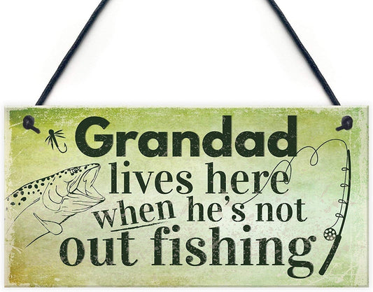 Grandad Lives Here Carp Fishing Hanging Sign Fathers Day Dad Gone Fishing Gifts 10X5(Bw740)