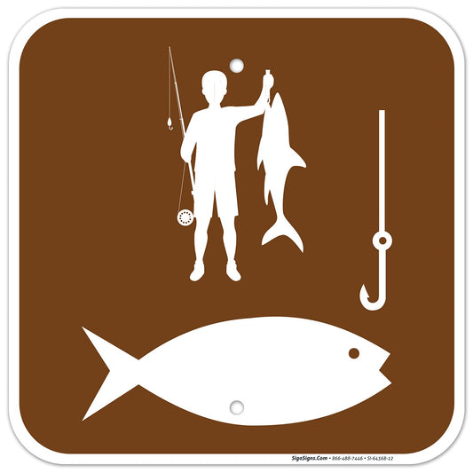 Fishing Symbol with Bait and Fisherman Sign, 12X12 Inches, Rust Free .040 Aluminum, Fade Resistant, Made in USA