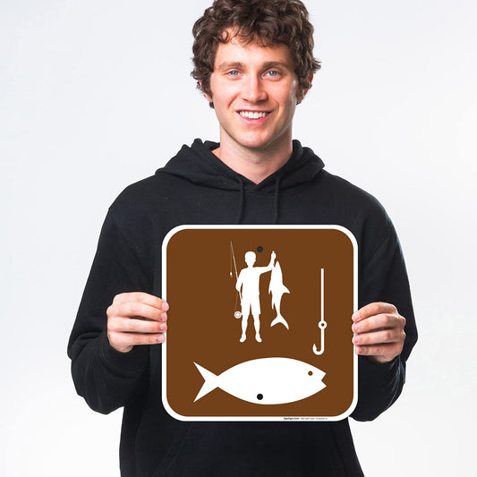 Fishing Symbol with Bait and Fisherman Sign, 12X12 Inches, Rust Free .040 Aluminum, Fade Resistant, Made in USA