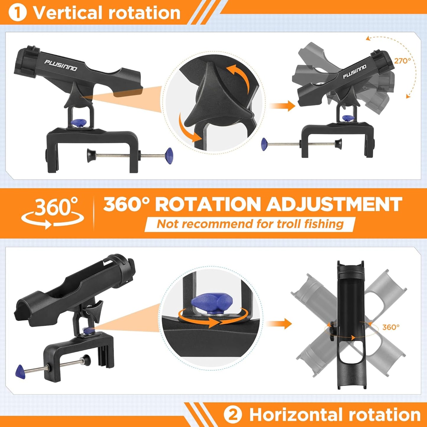 Fishing Boat Rods Holder Large Clamp Opening 360 Degree Adjustable Fishing Rod Racks Folding Holder