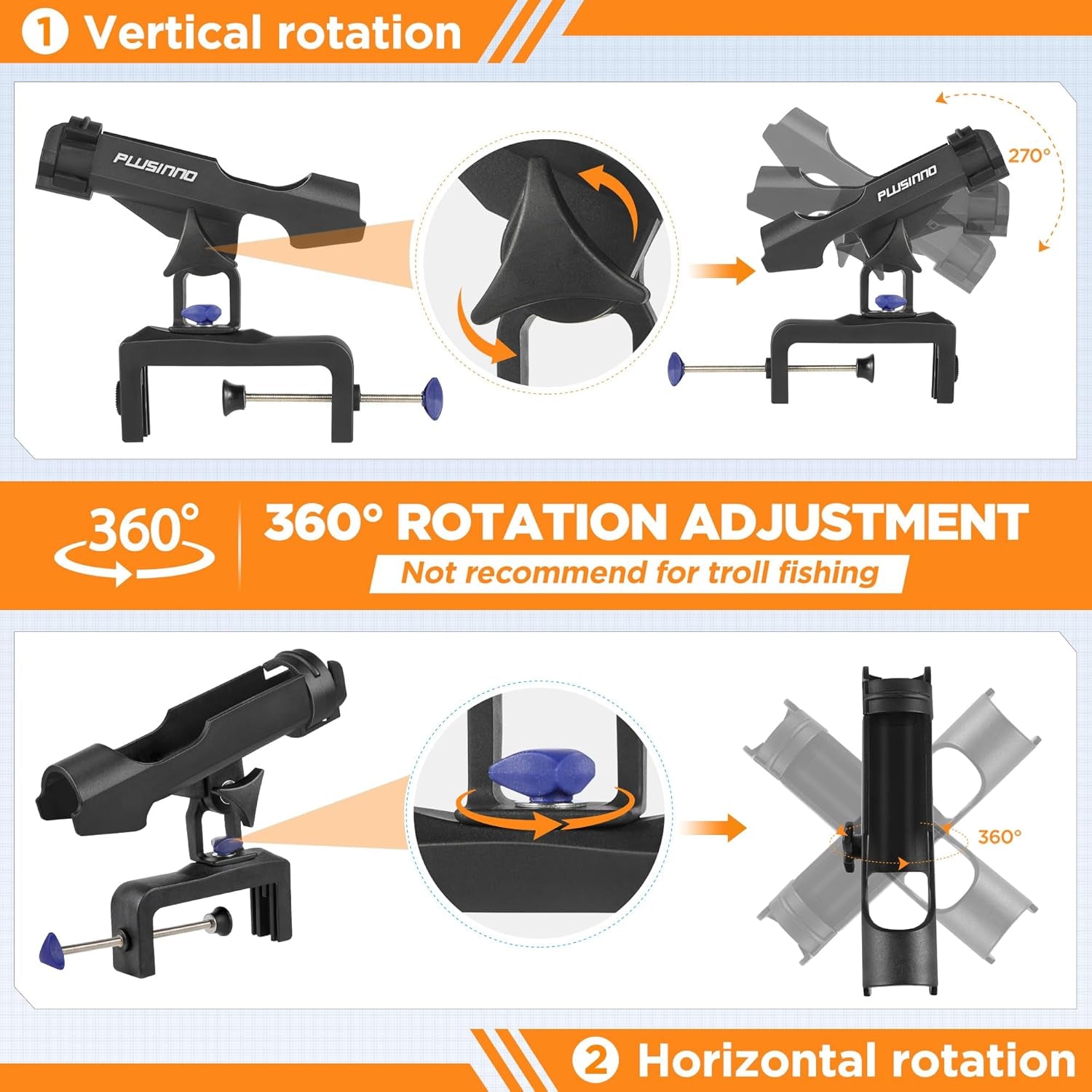 Fishing Boat Rods Holder Large Clamp Opening 360 Degree Adjustable Fishing Rod Racks Folding Holder