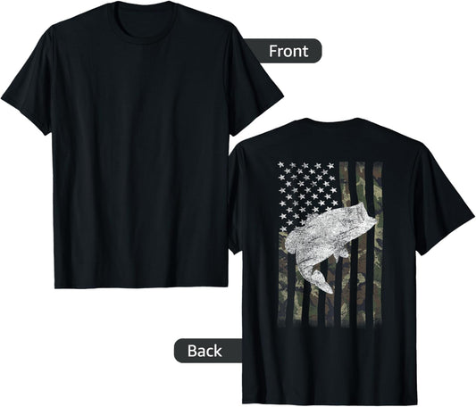 Bass Fishing American Camo USA Flag for Fisherman (On Back) T-Shirt