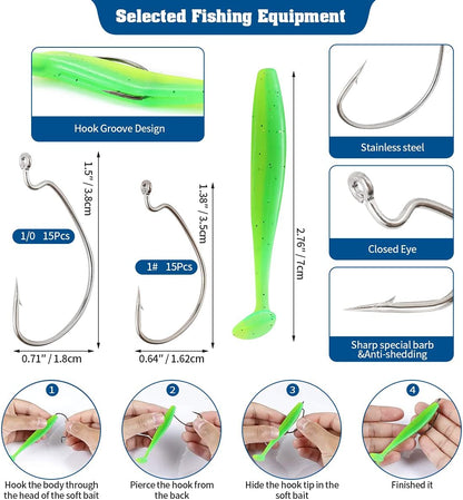 190Pcs Fishing Accessories Kit Including Brass Bullet Sinker Weights Jig Hooks Paddle Tail Baits, Fishing Swivels Snaps, 2-Side Tackle Box Fishing Set for Trout Salmon Bass Freshwater Saltwater