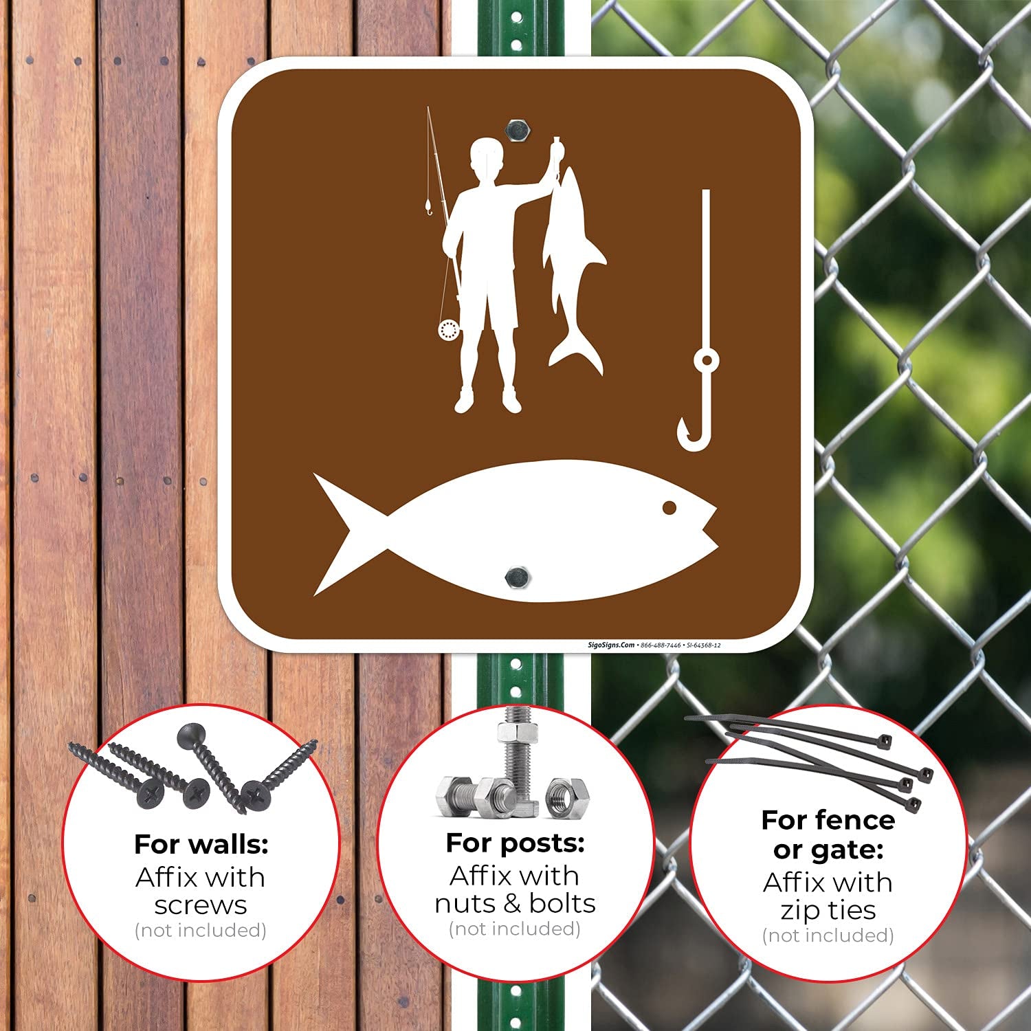 Fishing Symbol with Bait and Fisherman Sign, 12X12 Inches, Rust Free .040 Aluminum, Fade Resistant, Made in USA