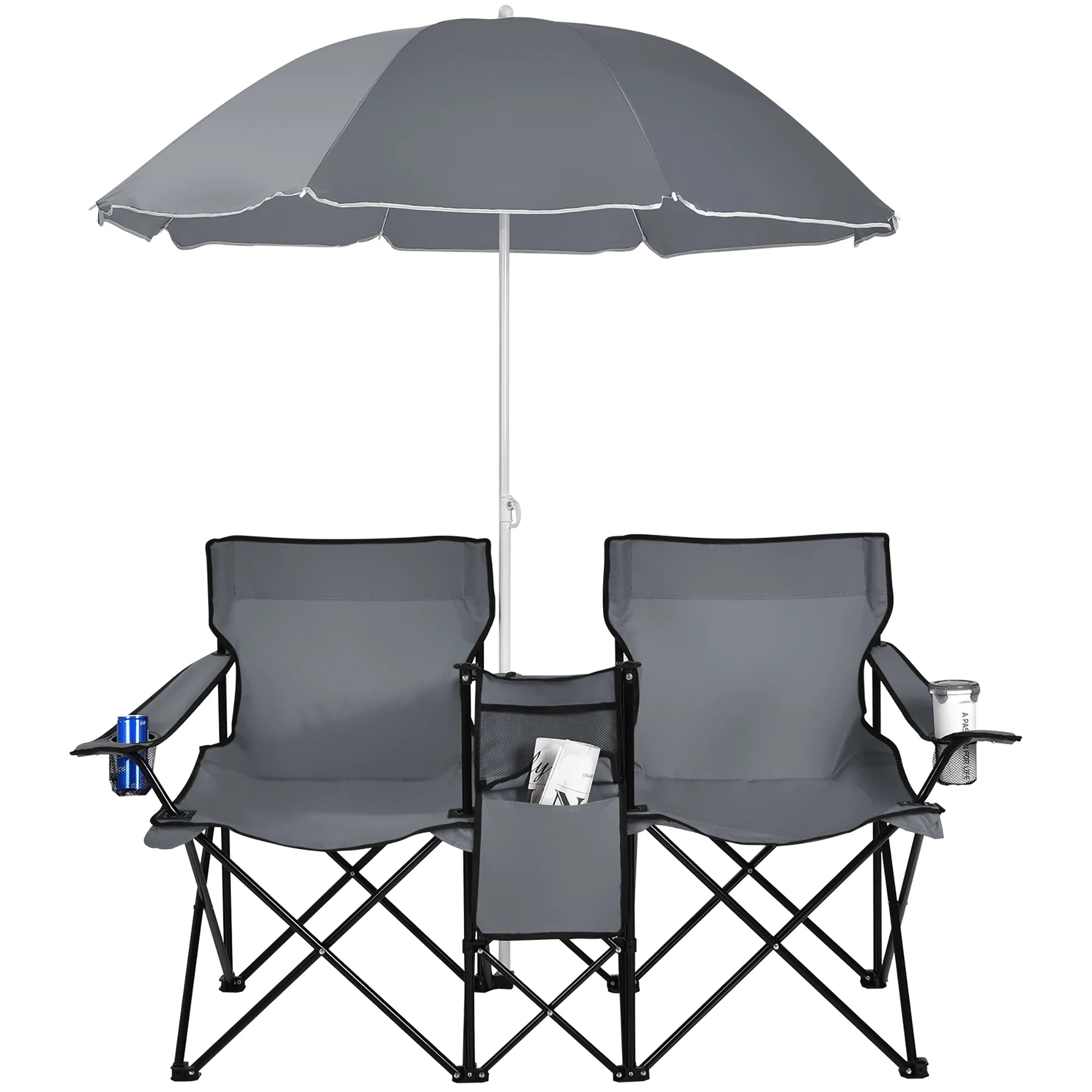 Portable Folding Picnic Double Chair W/Umbrella Table Cooler Beach Camping Gray