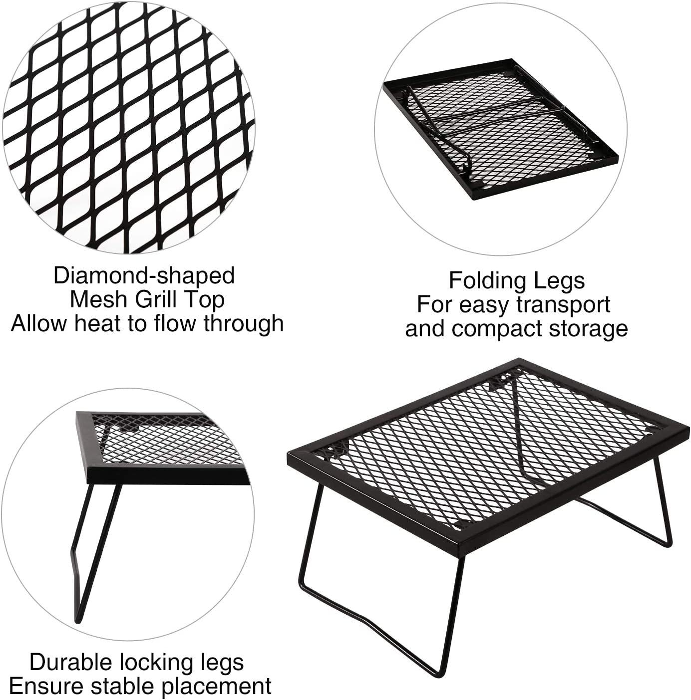 Folding Campfire Grill Heavy Duty Steel Grate, Portable Camp Fire Cooking Racks for over Fire Pit