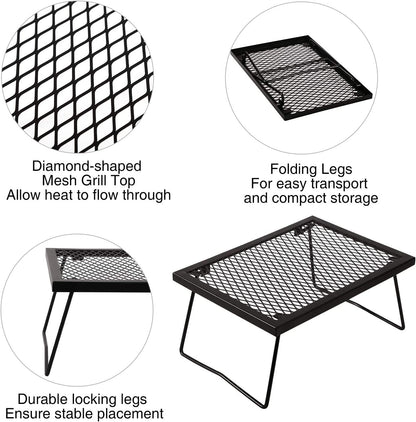 Folding Campfire Grill Heavy Duty Steel Grate, Portable Camp Fire Cooking Racks for over Fire Pit