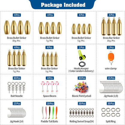 190Pcs Fishing Accessories Kit Including Brass Bullet Sinker Weights Jig Hooks Paddle Tail Baits, Fishing Swivels Snaps, 2-Side Tackle Box Fishing Set for Trout Salmon Bass Freshwater Saltwater