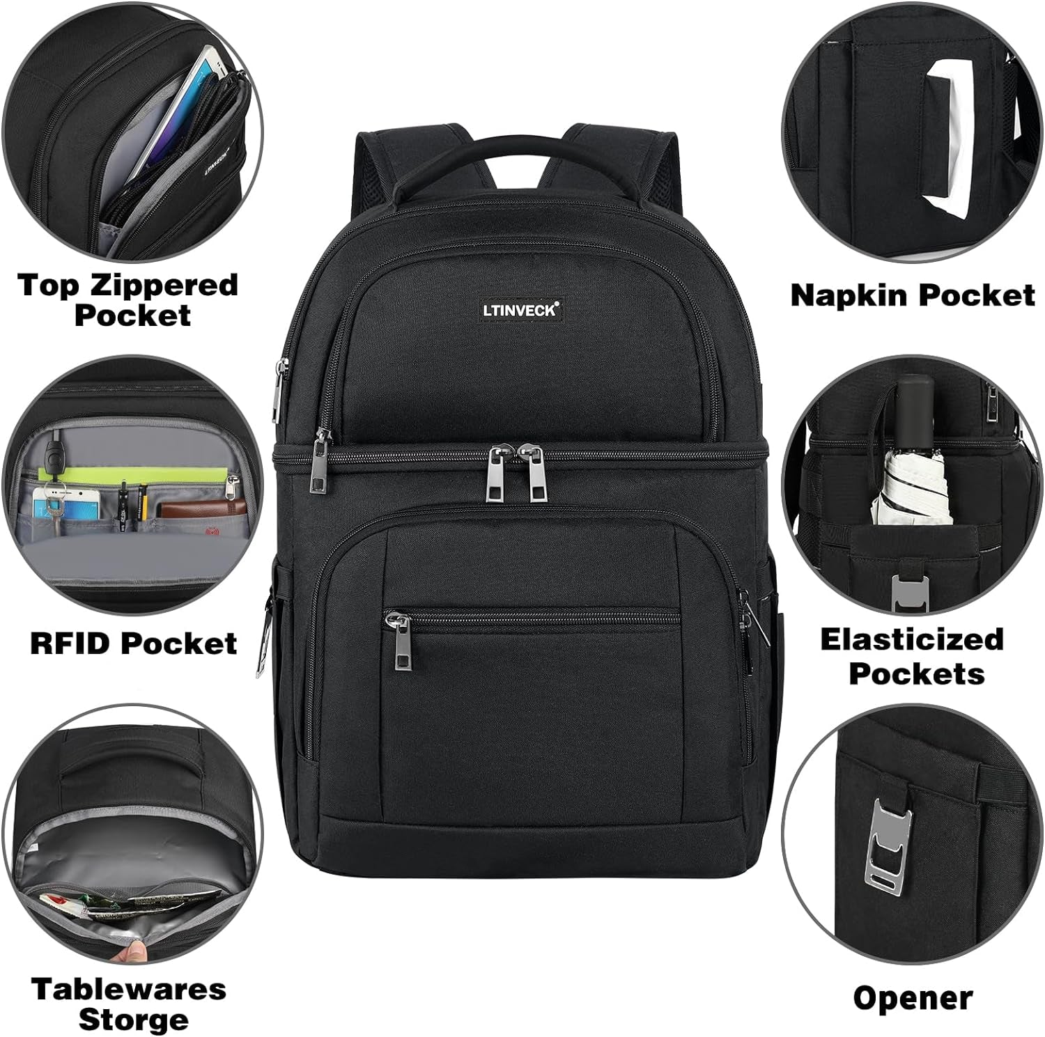 Insulated Leakproof Double Deck Backpack Cooler for Men and Women with RFID Lunch Storage