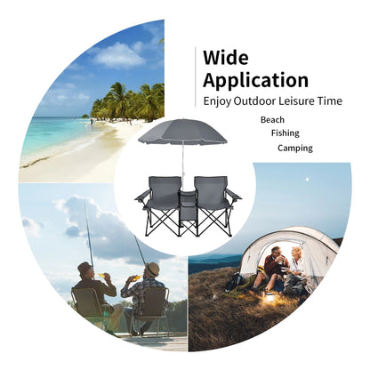 Portable Folding Picnic Double Chair W/Umbrella Table Cooler Beach Camping Gray