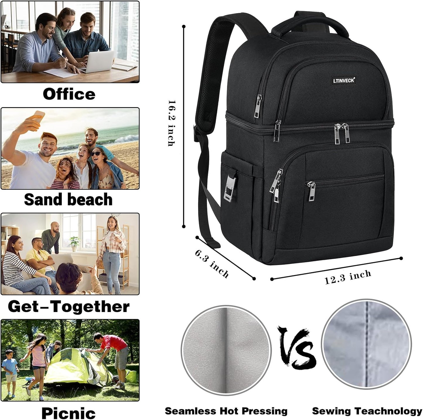 Insulated Leakproof Double Deck Backpack Cooler for Men and Women with RFID Lunch Storage