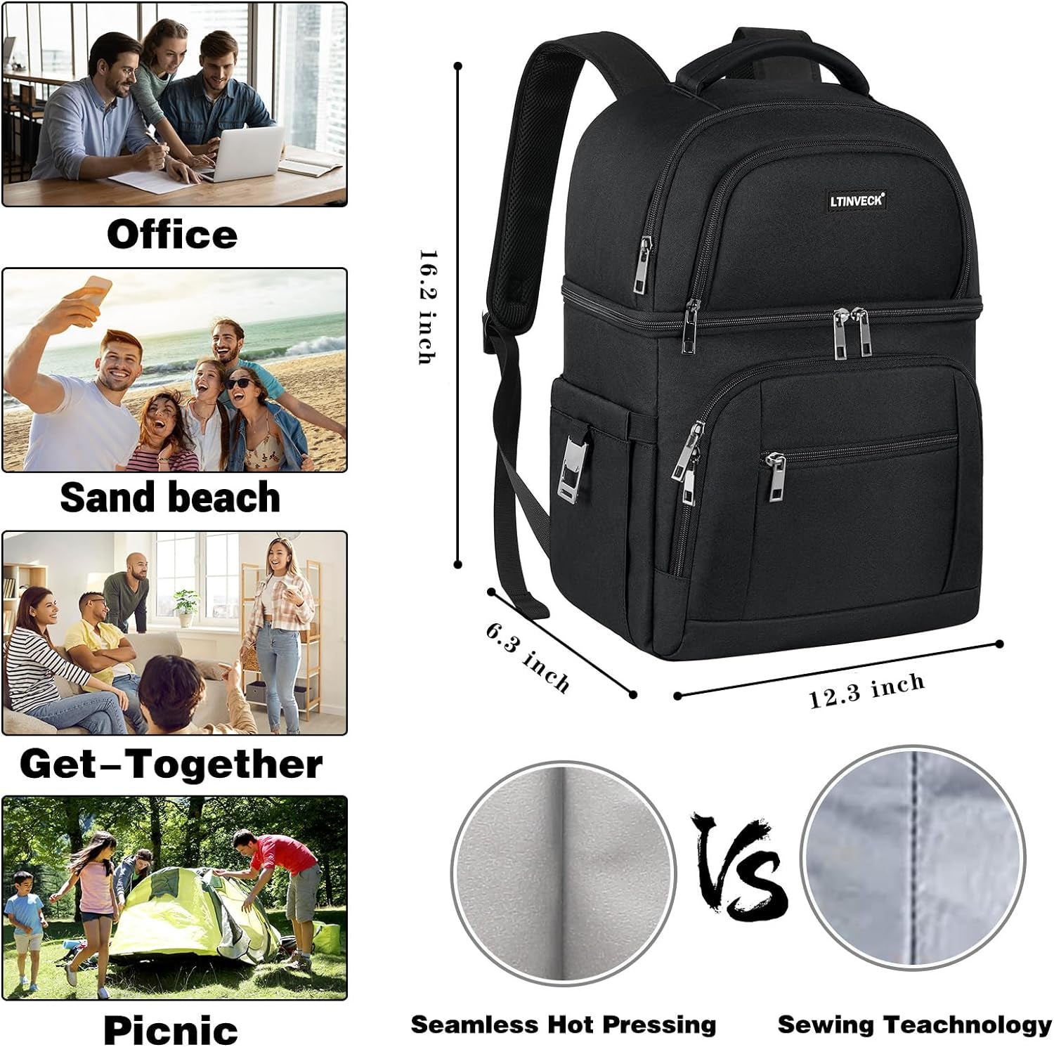 Insulated Leakproof Double Deck Backpack Cooler for Men and Women with RFID Lunch Storage