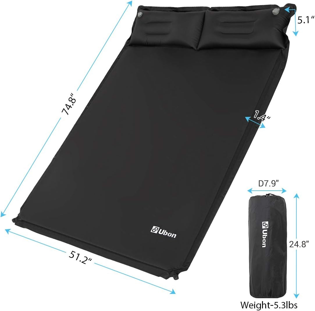 Self-Inflating Double Camping Sleeping Pad with Pillows - 2-Person Backpacking Mattress in Black