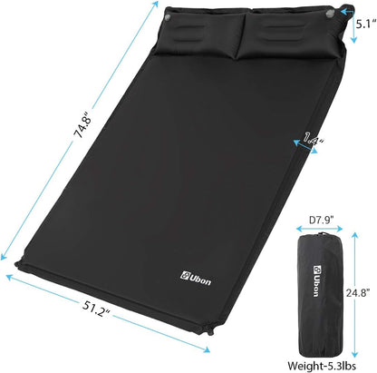 Self-Inflating Double Camping Sleeping Pad with Pillows - 2-Person Backpacking Mattress in Black