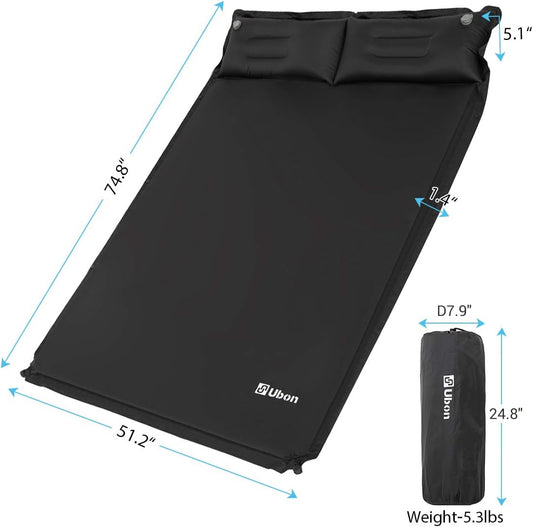 Self-Inflating Double Camping Sleeping Pad with Pillows - 2-Person Backpacking Mattress in Black