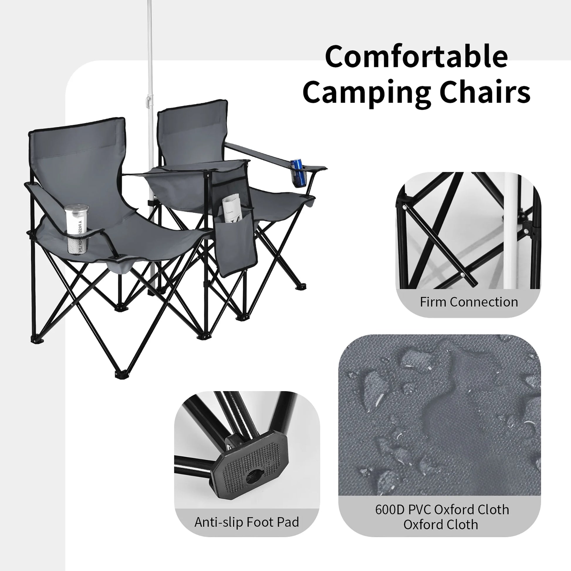 Portable Folding Picnic Double Chair W/Umbrella Table Cooler Beach Camping Gray