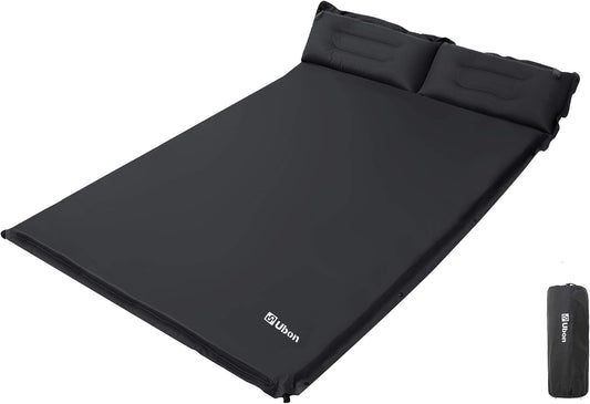 Self-Inflating Double Camping Sleeping Pad with Pillows - 2-Person Backpacking Mattress in Black
