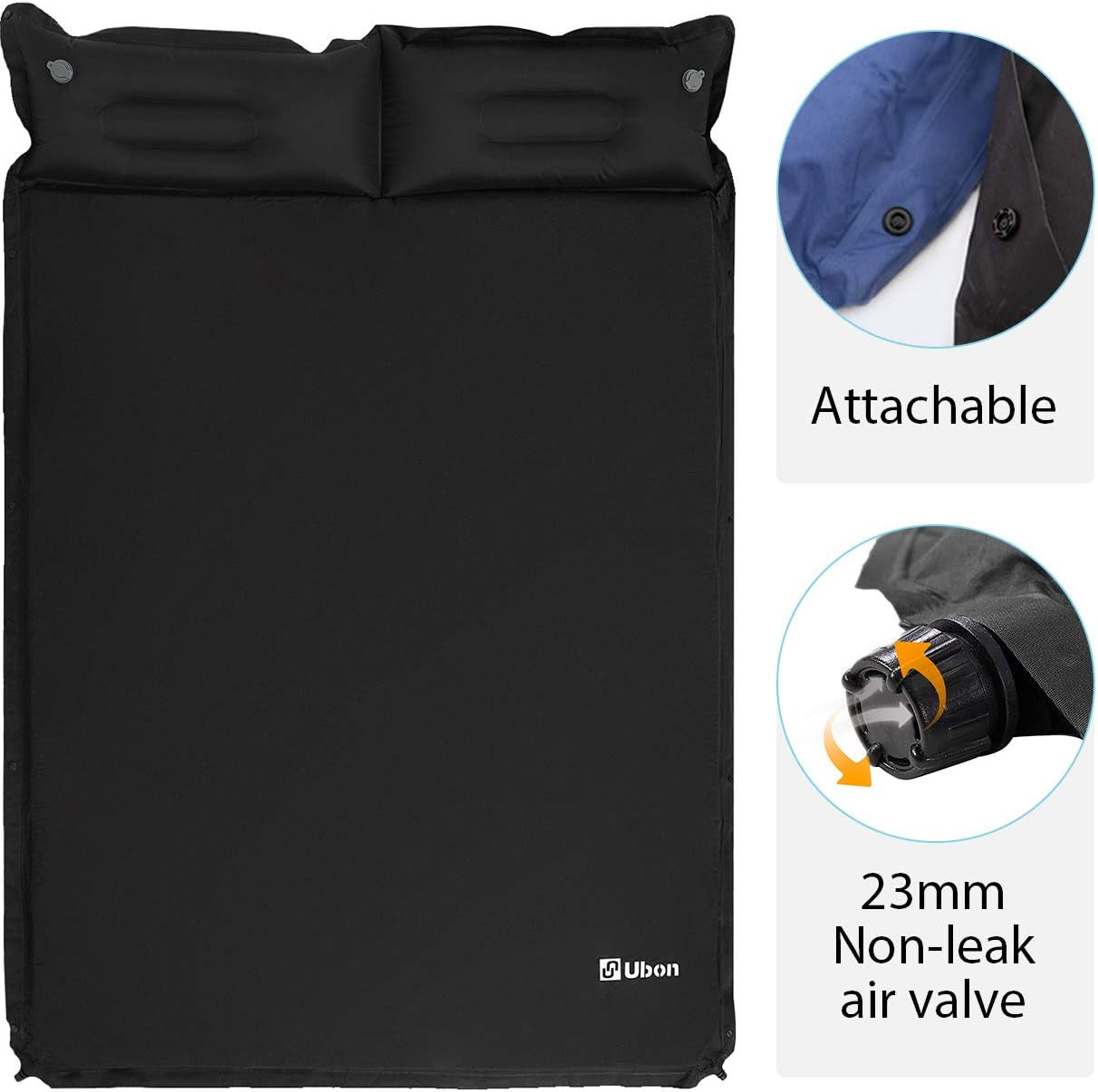 Self-Inflating Double Camping Sleeping Pad with Pillows - 2-Person Backpacking Mattress in Black