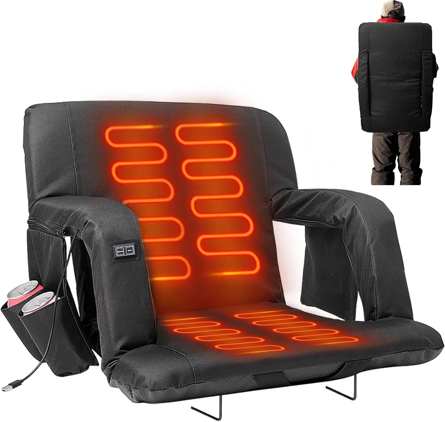 Double Heated Stadium Seat Bleacher Seat with 20000Mah Power Bank, 3 Heat Modes, Portable 6 Reclinng Positions Bleacher Seats with Back & Arm Support for Sports Events