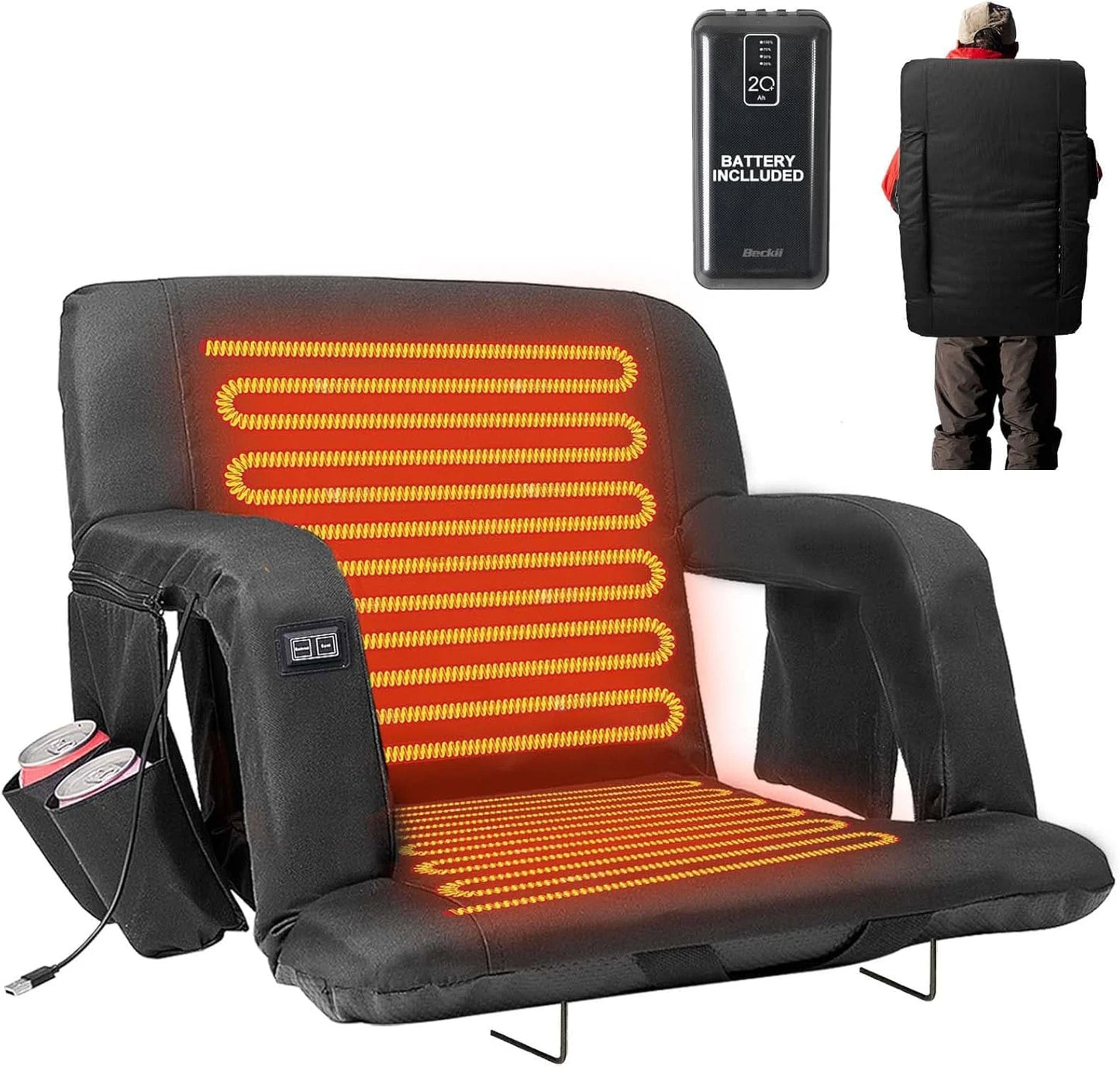 Double Heated Stadium Seat Bleacher Seat with 20000Mah Power Bank, 3 Heat Modes, Portable 6 Reclinng Positions Bleacher Seats with Back & Arm Support for Sports Events