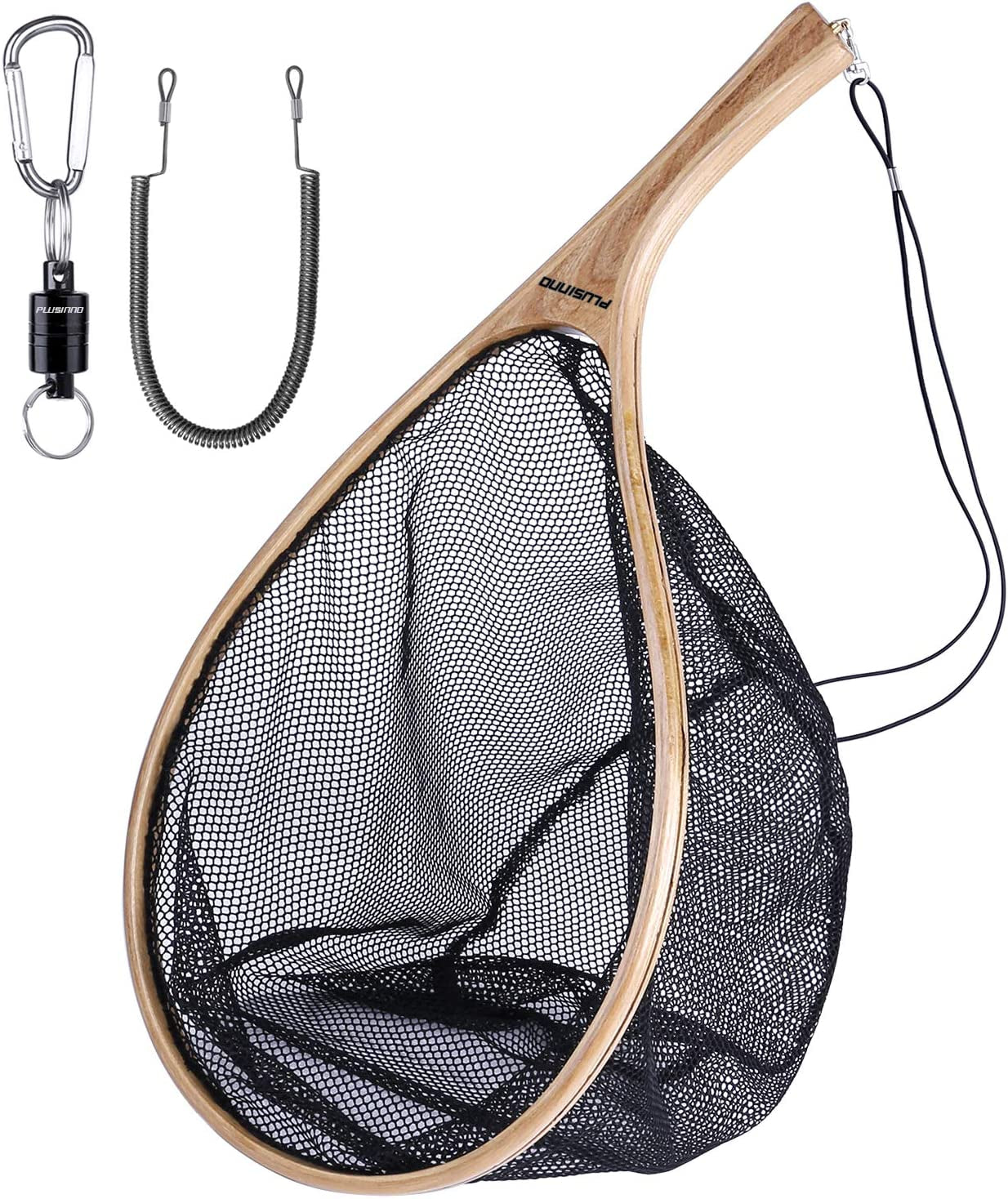 Fly Fishing Net, Wooden Frame Fishing Landing Net with Magnetic Release, Soft Rubber Mesh Net for Trout Bass Catch and Release, Magnetic Fly Fishing Gear