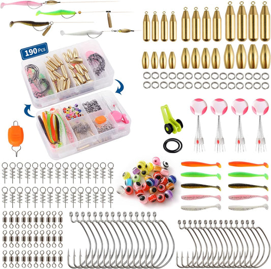 190Pcs Fishing Accessories Kit Including Brass Bullet Sinker Weights Jig Hooks Paddle Tail Baits, Fishing Swivels Snaps, 2-Side Tackle Box Fishing Set for Trout Salmon Bass Freshwater Saltwater