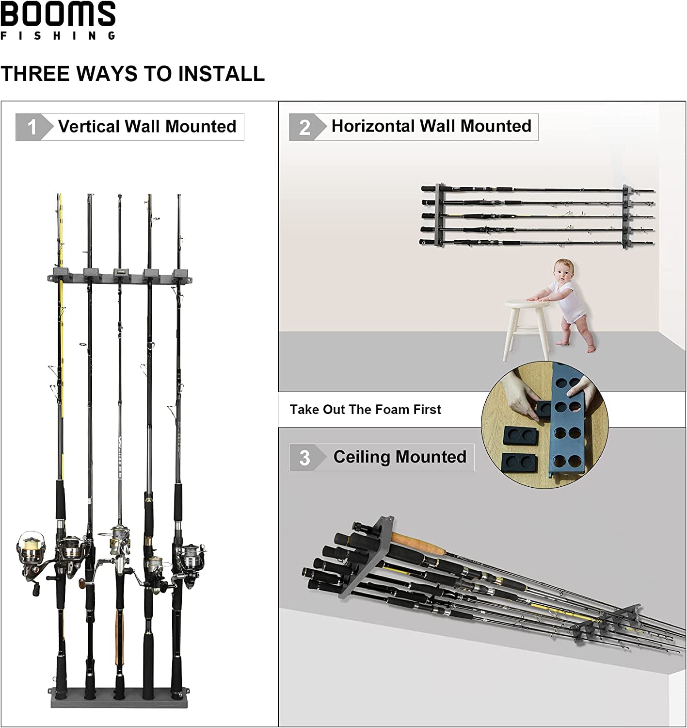 Rod Holder for Garage: Wall Mount Fishing Pole Holders for Garage | Fishing Rod Rack Holds up to 10 Rods, Vertical/Horizontal/Ceiling Fishing Pole Racks, WV4 Gray + Black