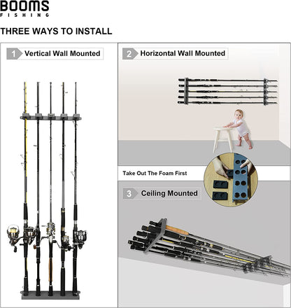 Rod Holder for Garage: Wall Mount Fishing Pole Holders for Garage | Fishing Rod Rack Holds up to 10 Rods, Vertical/Horizontal/Ceiling Fishing Pole Racks, WV4 Gray + Black