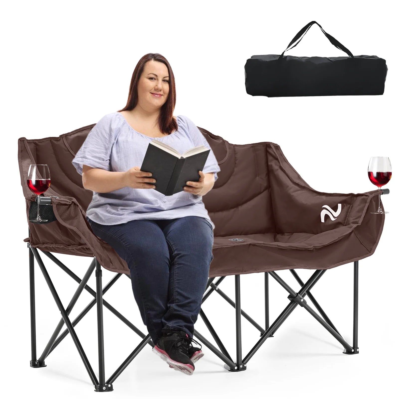Oversized Thicken Double Camping Chair - 2 Person Camping Chair for Adults Heavy Duty,Two Person Folding Chair with Cup Holder, Supports up to 600 LBS for outside Picnic Beach Travel