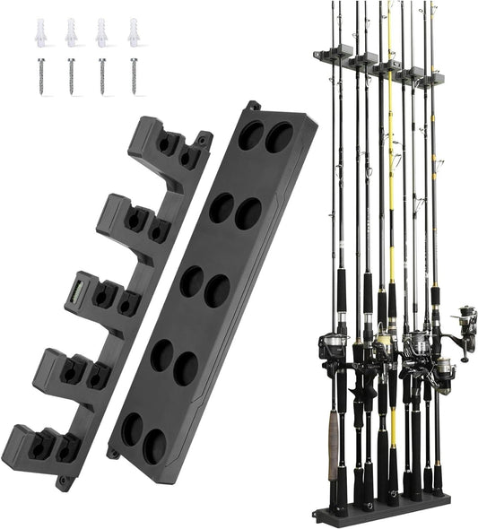 Rod Holder for Garage: Wall Mount Fishing Pole Holders for Garage | Fishing Rod Rack Holds up to 10 Rods, Vertical/Horizontal/Ceiling Fishing Pole Racks, WV4 Gray + Black