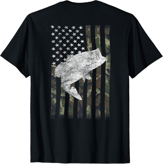 Bass Fishing American Camo USA Flag for Fisherman (On Back) T-Shirt
